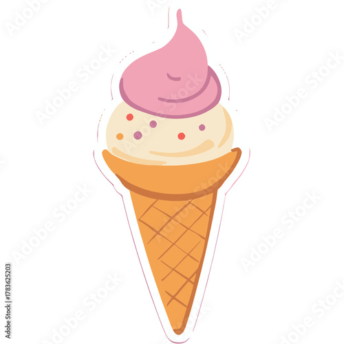 A soft-serve ice cream cone with rainbow sprinkles, winking cutely | kawaii illustration style | pastel color palette | glossy texture | happy expression | soft shading | sticker design format