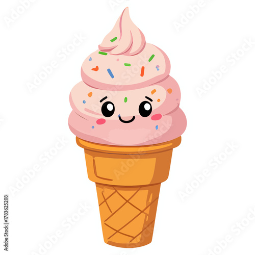 A soft-serve ice cream cone with rainbow sprinkles, winking cutely | kawaii illustration style | pastel color palette | glossy texture | happy expression | soft shading | sticker design format