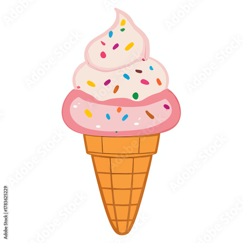 A soft-serve ice cream cone with rainbow sprinkles, winking cutely | kawaii illustration style | pastel color palette | glossy texture | happy expression | soft shading | sticker design format