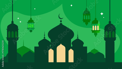 Green mosque and lanterns ramadan kareem