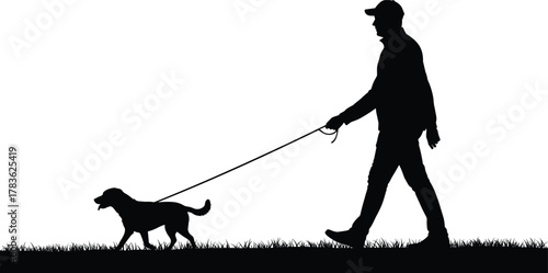 Man Walking Dog Silhouette on Grass with Leash Isolated on White Background for Pet Care, Outdoor, Editorial, and Vector Use