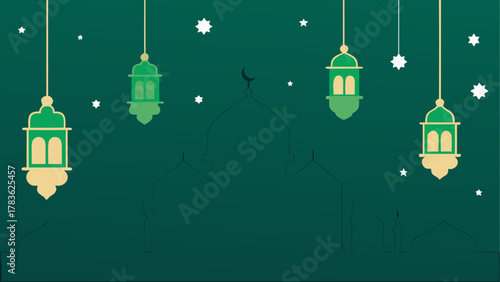 Hanging lanterns and stars on green background
