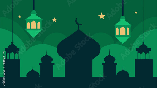 Green mosque silhouette with lanterns art
