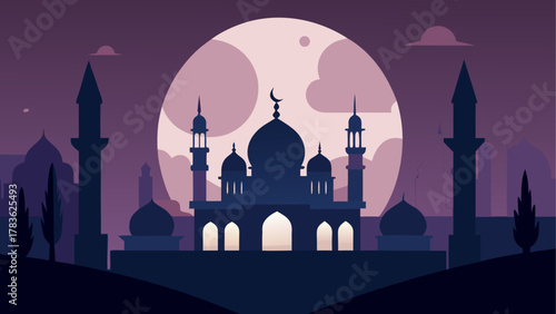 Mosque silhouette with a full moon behind