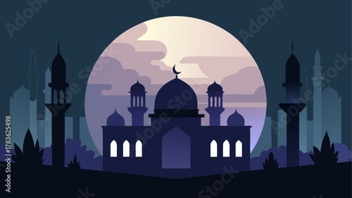 Silhouette of a mosque against the moon