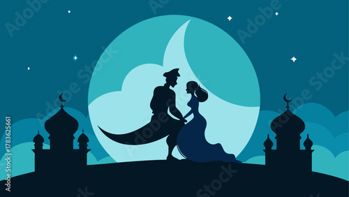 Silhouette couple under moonlight at night
