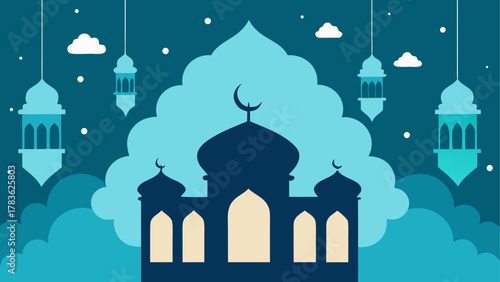 Illustration of mosque with hanging lights