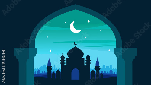 Mosque silhouette under crescent moon night