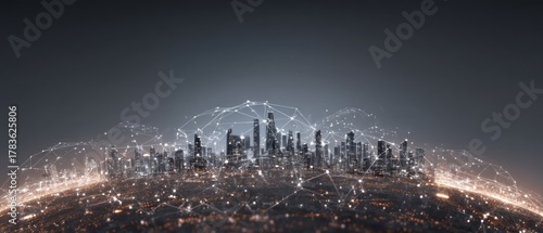 Abstract illustration of a connected modern city with network overlay concept