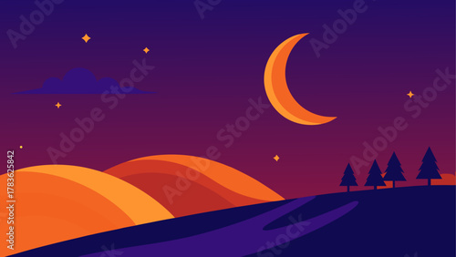 Illustration of night scene with moon trees