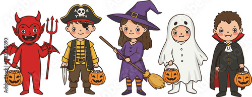 Halloween children costumes, trick or treat kids, spooky festive party, pumpkin candy buckets, autumn holiday fun, ghost witch vampire pirate devil outfits