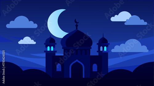 Mosque under moonlight in the night sky