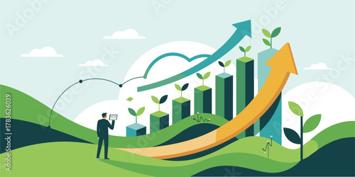 Businessman with tablet observing growing green business graph with plants business growth