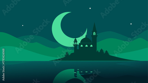 Mosque silhouette with moon and reflection