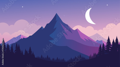 Mountain landscape with moon and stars