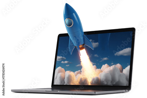 Laptop with Rocket Launching From Screen | Business Startup Concept for Technology Marketing