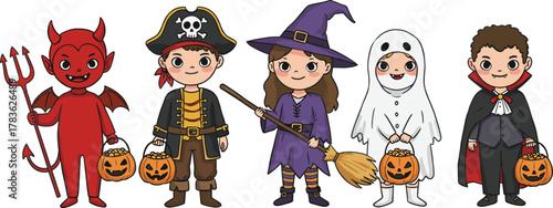 Halloween children costumes, trick or treat kids, spooky party celebration, pumpkin candy buckets, festive autumn holiday fun, ghost witch vampire pirate devil