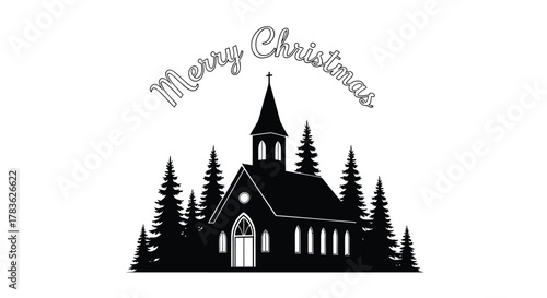 Silhouette of a traditional church surrounded by pine trees with merry christmas text above in a festive font