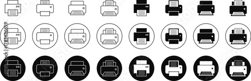 Printer icon set, print device vector collection, modern flat and line outline printer symbols for office, technology, documents, and paper printing, black and white circle button icons pack