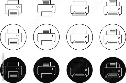 Printer icon set, print device vector collection, modern flat and line outline printer symbols for office, technology, documents, and paper printing, black and white circle button icons pack