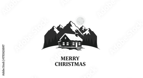 Cozy snow covered cabin nestled among majestic mountains under a full moon with merry christmas text