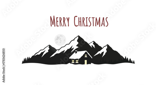 Cozy cabin nestled amongst snowy mountains under a full moon with merry christmas text