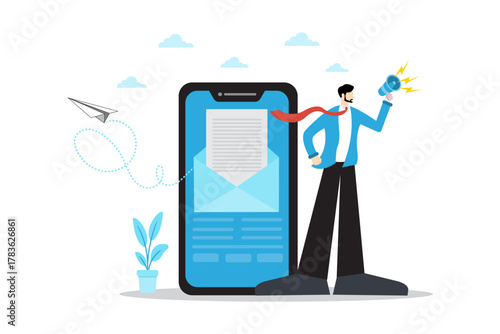 Flat vector illustration of a man holding a megaphone beside a large smartphone with an open envelope, symbolizing digital announcement, email campaign, or online marketing communication. Clean and pr