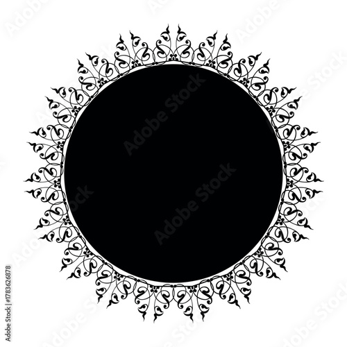 Decorative round frame. Elegant element for design in Eastern style, place for text. Floral black border. Lace illustration for invitations and greeting cards.