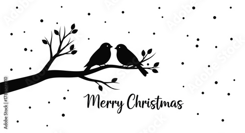 Two black silhouette birds perched on a bare tree branch with falling snow and merry christmas text