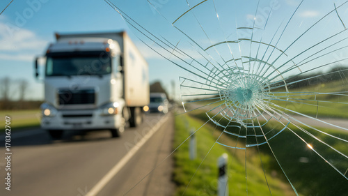 Cracked Windshield with Truck on Highway | Car Accident, Safety Awareness, Transportation Risk
