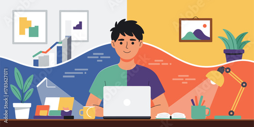 Person working on laptop at desk with plants and artwork home office