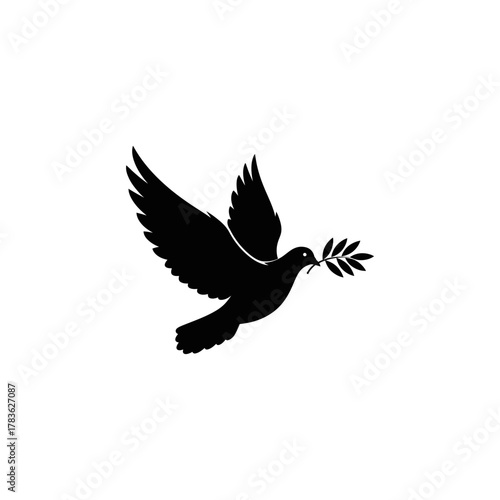 Black dove symbolizing peace with olive branch. Suitable for designs promoting harmony, unity, hope, reconciliation, peace activism, or dove symbolism.
