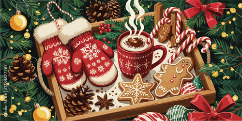 Red mittens hot chocolate gingerbread cookies pine cones and candy canes christmas