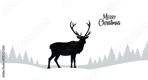 Elegant black silhouette of a majestic reindeer standing in a snowy forest with merry christmas text above