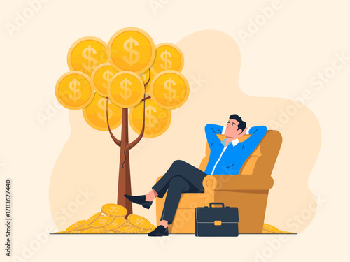 A relaxed man enjoying comfort in an armchair, surrounded by a tree of coins, symbolizing wealth, prosperity, and the rewards of hard work in a surreal and optimistic way.