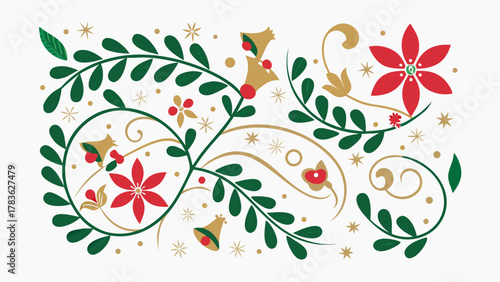 Elegant christmas floral design with poinsettias bells and stars in red green and gold