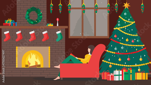 Cozy christmas evening scene with a woman reading by the fireplace and decorated tree
