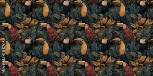 Vibrant tropical jungle pattern with exotic toucans amidst lush green and golden foliage, creating a maximalist rainforest design background