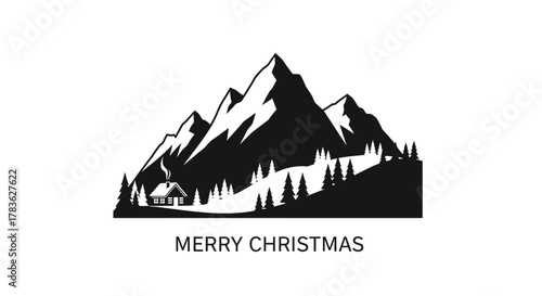 Rustic cabin nestled among snow capped mountains and pine trees with smoke rising from chimney and merry christmas text