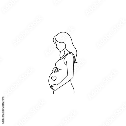 Pregnant woman silhouette cradling baby bump with heart symbol perfect for maternity and familythemed graphic designs, healthcare, and pregnancyrelated content.