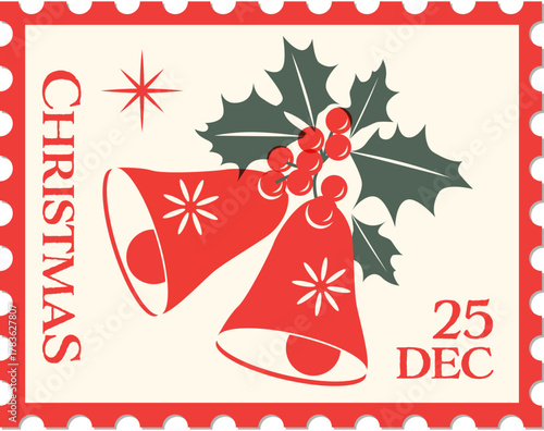 Christmas Vintage Postage Stamp Vector Illustrations, Festive Travel Sticker for Christmas Delivery Graphic Elements