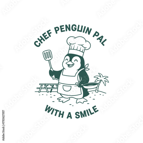 Funny penguin character in chef uniform for seasonal vacation design. Professional cook graphic ideal for summer BBQ party prints and apparel.