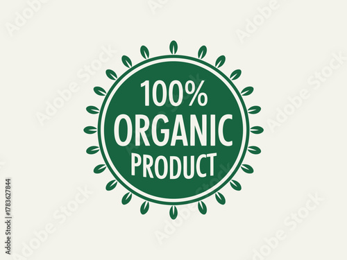 A clean and modern label design showcases the phrase '100% Organic Product' surrounded by a leafy border, emphasizing purity and a commitment to organic ingredients.