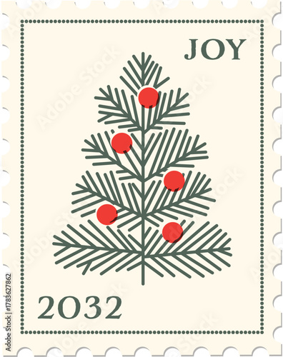 Christmas Tree Christmas Vintage Postage Stamp Vector Illustrations, Festive Travel Sticker for Christmas Delivery Graphic Elements