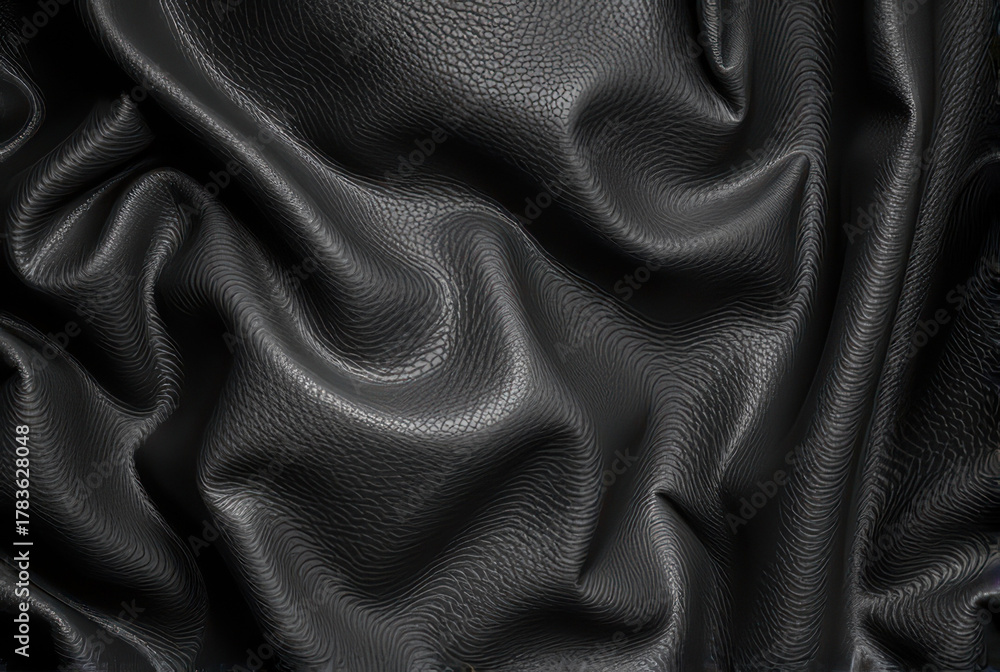 Fototapeta premium Black leather texture with soft folds and wrinkles, creating luxurious and tactile surface with subtle light reflections and high detail