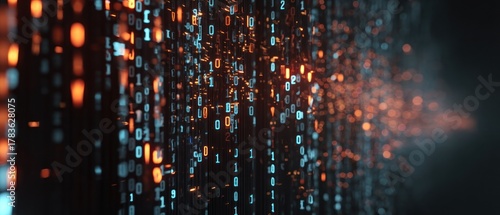Abstract digital data stream with binary code numbers and dark background