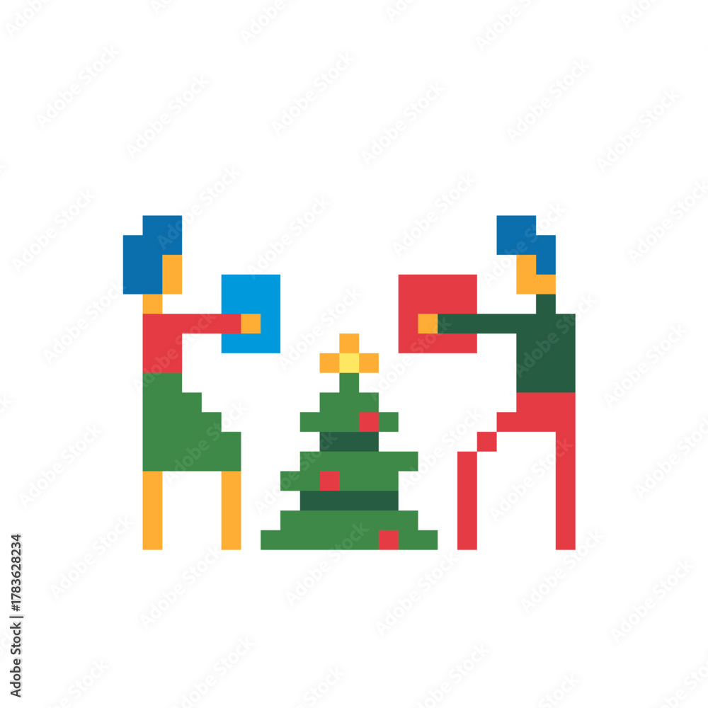 Fototapeta premium Pixel art illustration of couple exchanging Christmas gifts near decorated tree. Festive minimal 8-bit winter scene love, friendship, and cozy holiday atmosphere.