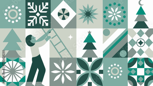 Geometric winter holiday scene with a person decorating a christmas tree
