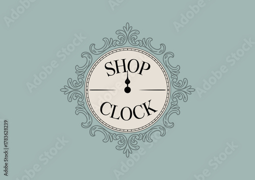 An elegantly designed vintage shop clock featuring intricate framing and clear labeling, ideal for representing retail spaces and the passage of time in commerce.