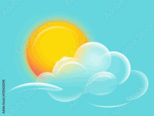 A serene illustration portraying a bright sun partially hidden behind soft clouds against a calming aqua background, evoking feelings of relaxation and warmth.